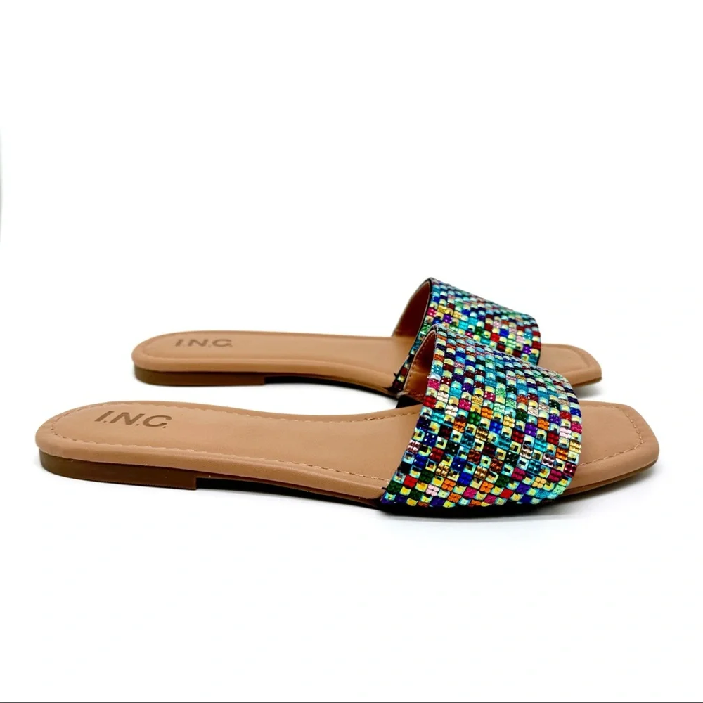 INC International Concepts Rhinestone Slide Flat Sandals Geometric Rainbow 7.5